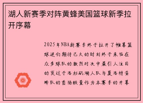 湖人新赛季对阵黄蜂美国篮球新季拉开序幕