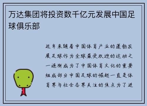 万达集团将投资数千亿元发展中国足球俱乐部