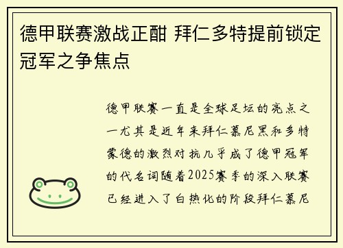 德甲联赛激战正酣 拜仁多特提前锁定冠军之争焦点