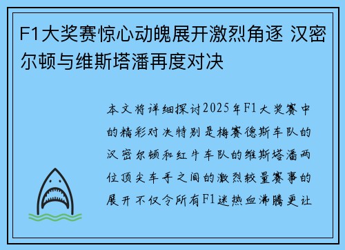 F1大奖赛惊心动魄展开激烈角逐 汉密尔顿与维斯塔潘再度对决